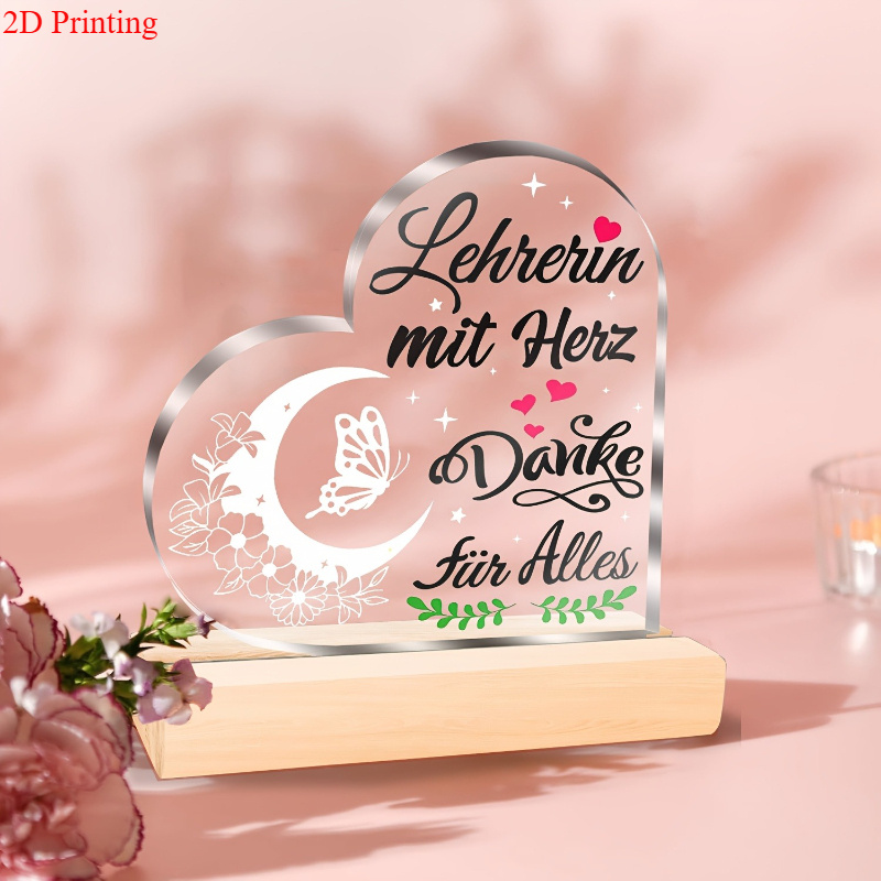 2d Flat, 2d Flat Print Transparent Acrylic Desktop Decoration, Heart-shaped "lehrerin Mit Herz", Teacher Appreciation Gift Teachers' Day, 2d Flat