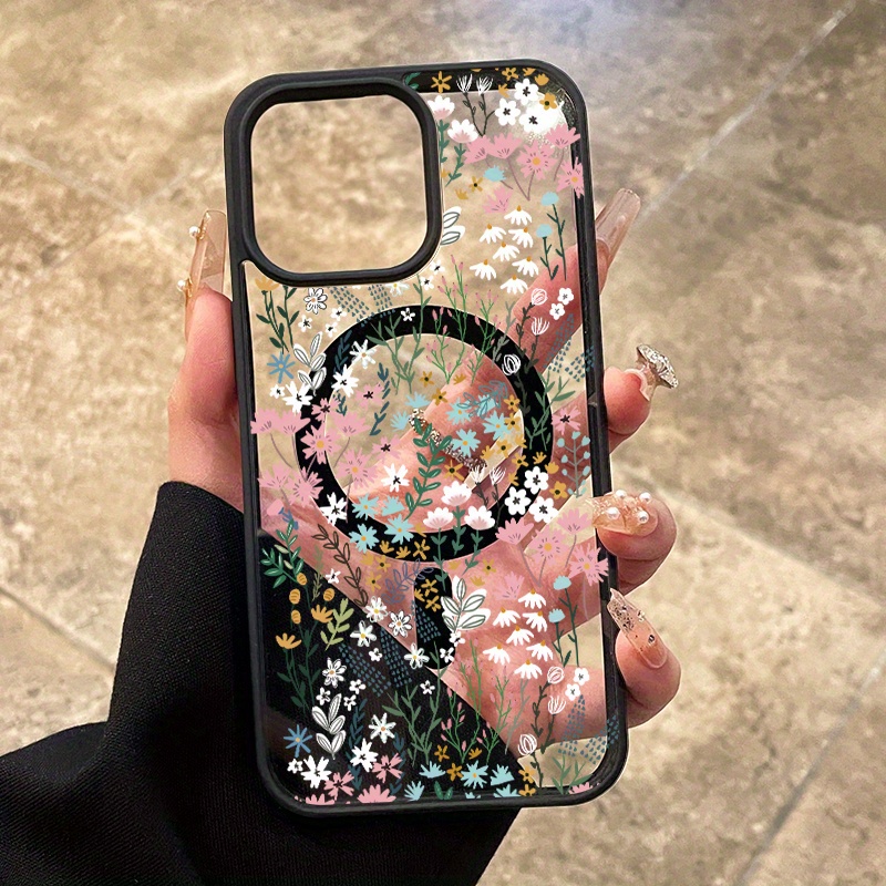[Magnetic iPhone Case] Magnetic iPhone Case | Breezy Floral Patches Pattern Matte Lightweight Drop Protection Silicone Smartphone Cover for iPhone 16 Pro Max 15 Plus 14 13 12 11 XS Max XR X
