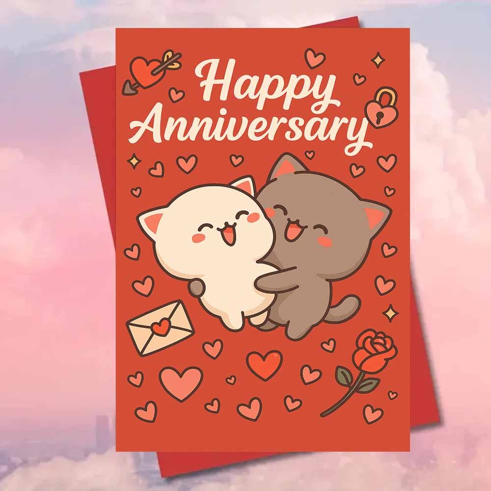 TEMU 1 Adorable Anniversary Card Featuring Cute Cats Embracing, Complete With An Envelope. This Romantic Design Showcases A Kitten Couple Surrounded