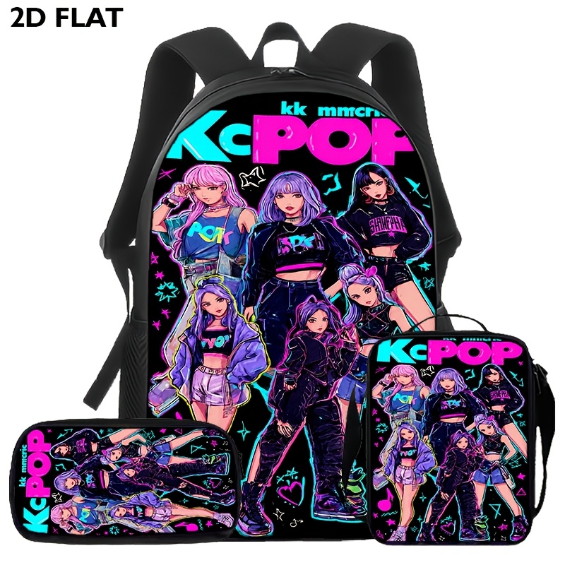 Image of Kcpop Themed 3pcs Set: Backpack+ Pencil Case, 2d Flat Print, Large Capacity, Multi-functional, Adjustable Shoulder Straps, Zipper Closure, 2d Flat