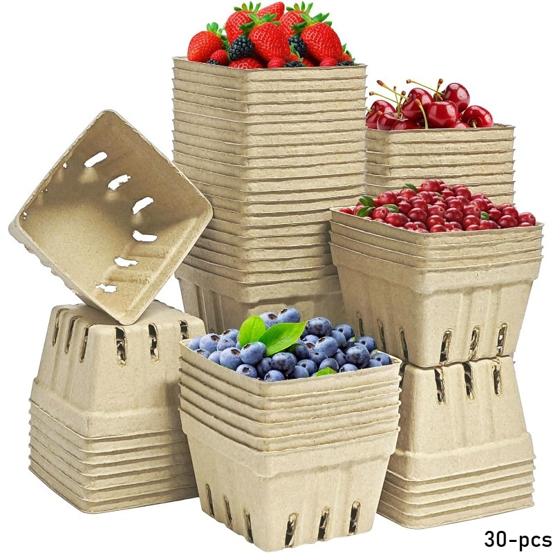 item picture 30 pack   fiber   small molded produce vented basket kitchen supplies for strawberry blueberry raspberry fruit vegetable tray for farmer market grocery