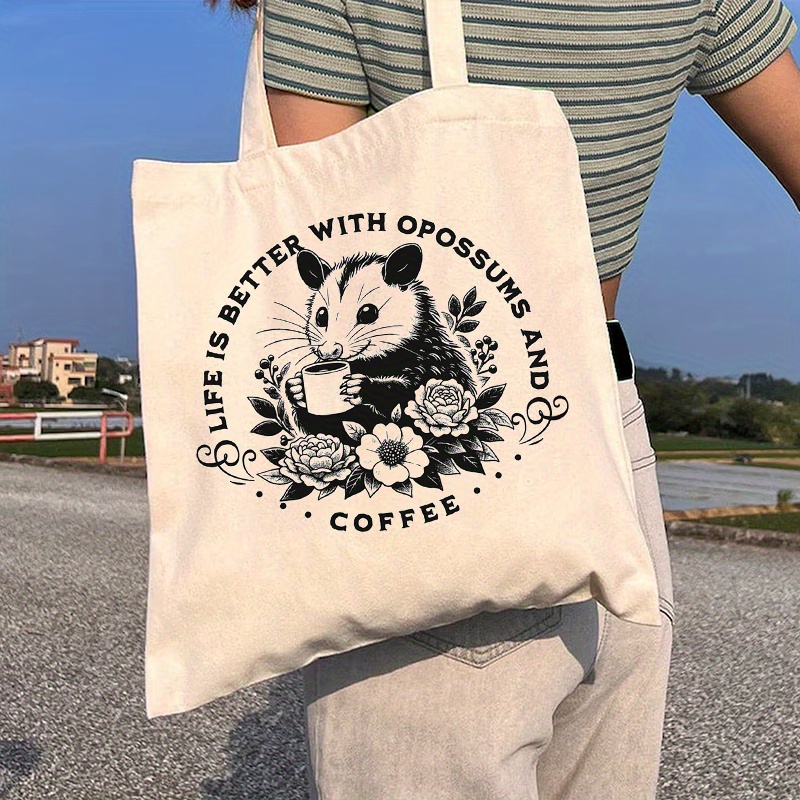 

With Opossums And Coffee" Women' Tote Bag - Stylish & Casual, Machine Washable, , White With Black +