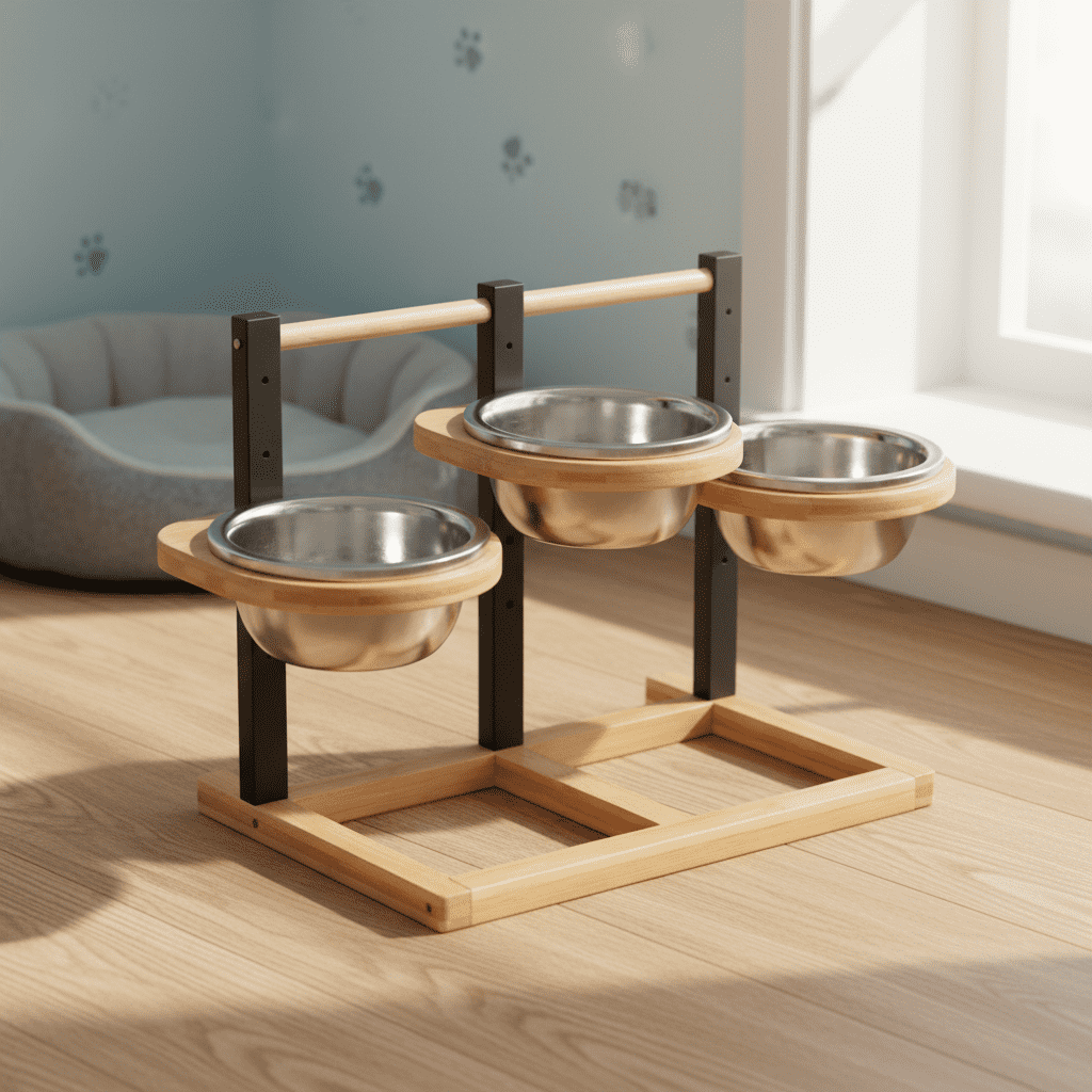 Dog Bowl Stand With 3 Stainless Steel Bowls, Elevated Dog Feeder With Wooden Base And Metal Frame, Food And Water Bowl Set For Small To Medium Dogs