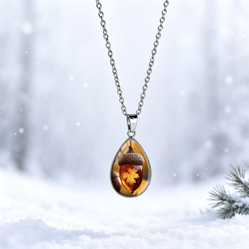 Unisex Acorn Leaf Tear Drop Necklace with Stainless Steel Chain