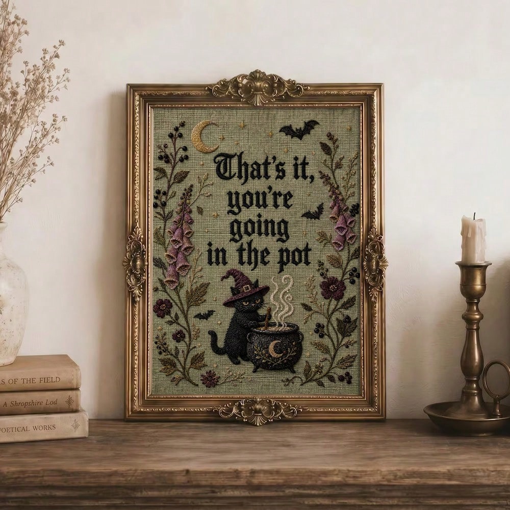 TEMU 2d Flat, 2d Flat, 2d/flat, 1pc, Unframed. Vintage Gothic Witchy Black Cat Poster, Funny Halloween Cauldron Wall Art Print, Dark Academia