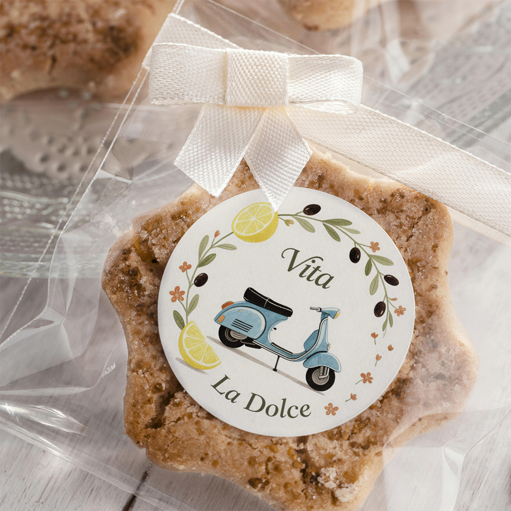 TEMU 48 autocollants circulaires La Vita avec un scooter rétro méditerranéen et un motif de branche d'olivier, parfaits pour décorer d'eau et les