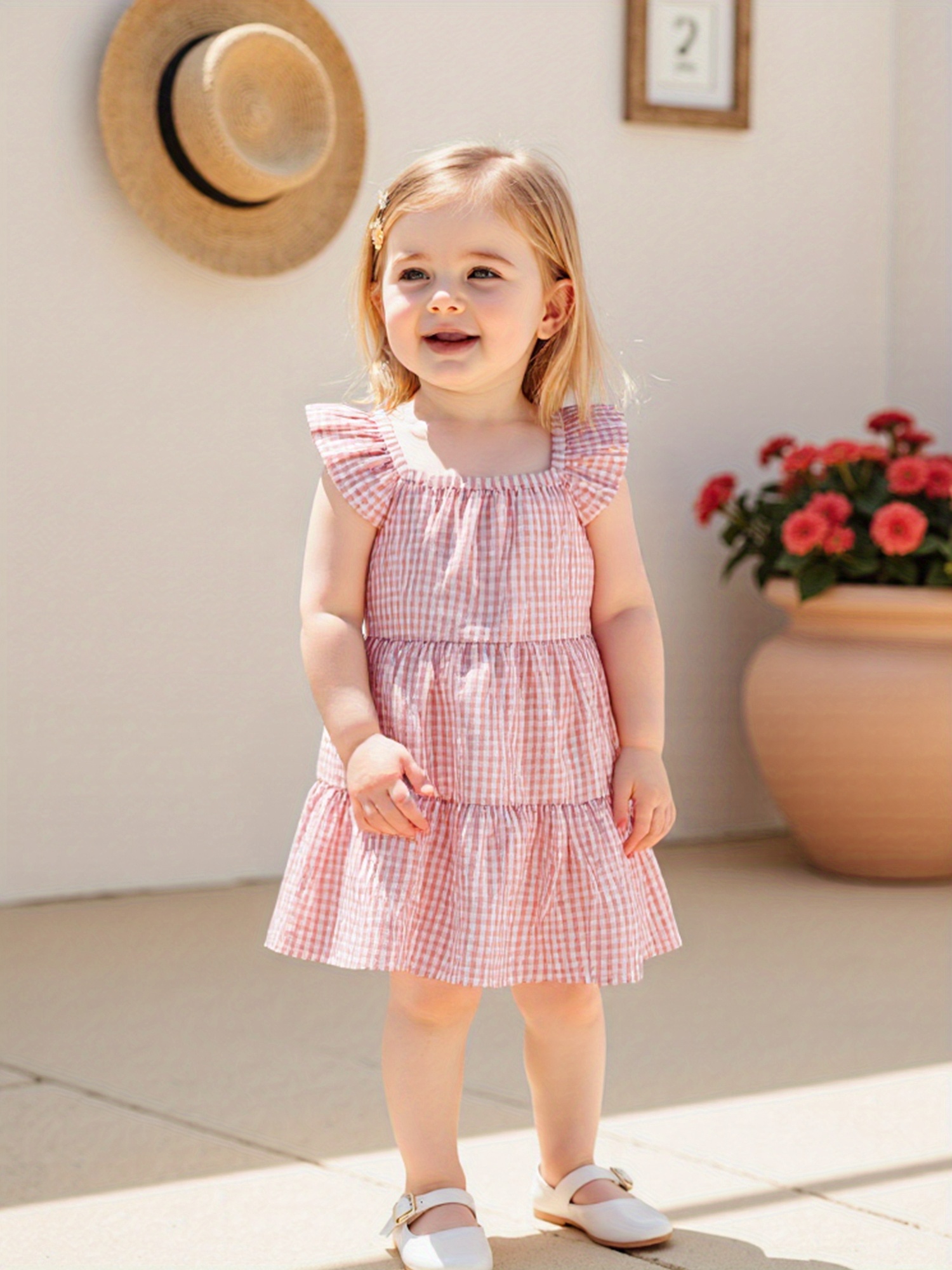 toddler girls casual summer dress pink white checkered Temu