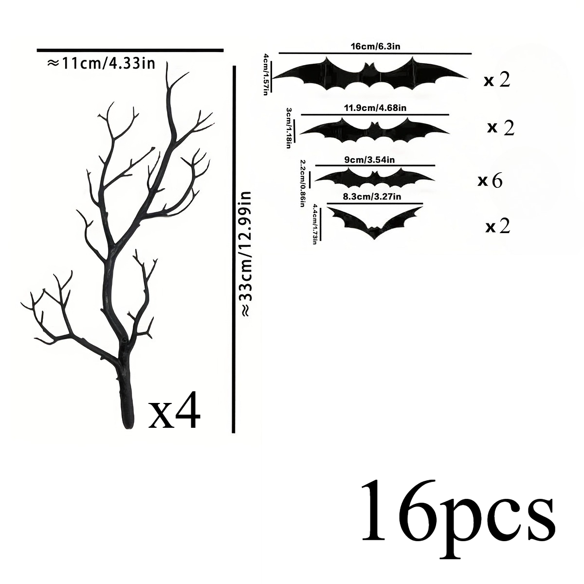 TEMU Lot de 16 pièces contenant 4 branches artificielles et 12 chauves-souris artificielles noires, en plastique, pour décoration d'Halloween,