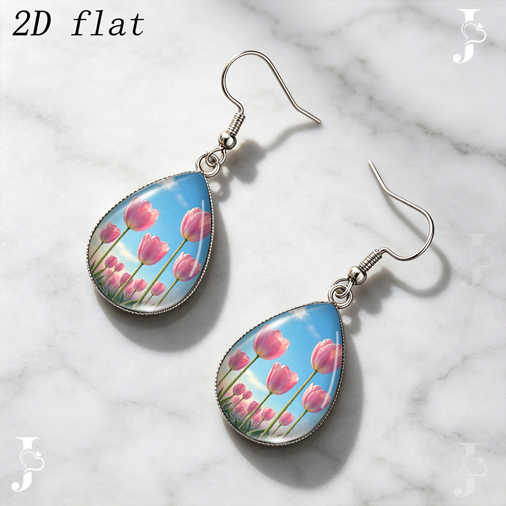 Teardrop Dangle Earrings with Pink Tulip Flower Pattern