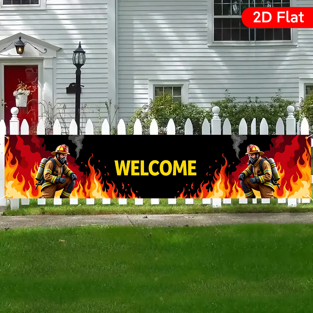 TEMU 2d Flat, 2d Flat, 1pc 2d Flat, 1 Firefighter Standing In Front Of Fire, Exquisite Large Courtyard Banner, Birthday Party Anniversary Celebration