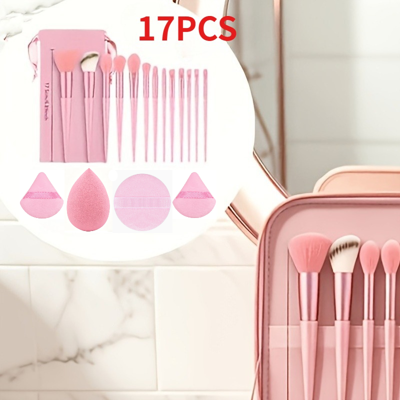 TEMU 17pcs Set Of High-quality Professional Makeup Brushes, Including 13pcs Makeup Brushes, 3pcs Puff And 1pc Makeup Egg, Free Storage Bag. Soft And