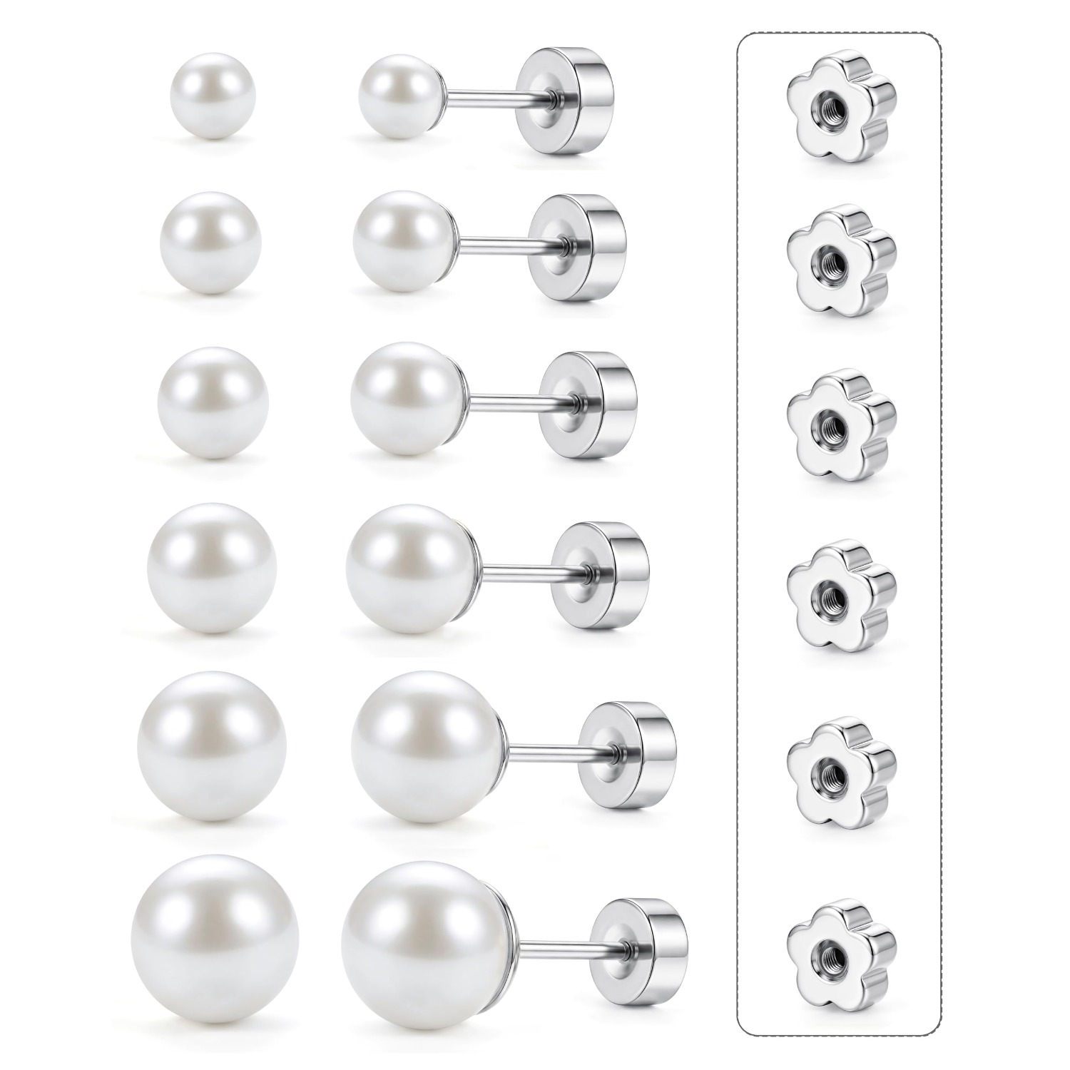 2d Flat - 6 Pairs 14k Golden Plated Pearl Earrings Stud For Women Hypoallergenic Small Stud Earrings Set Cartilage Piercing Bonus Plum Lightweight Shiny Flat Back Stud Earrings 3-8mm