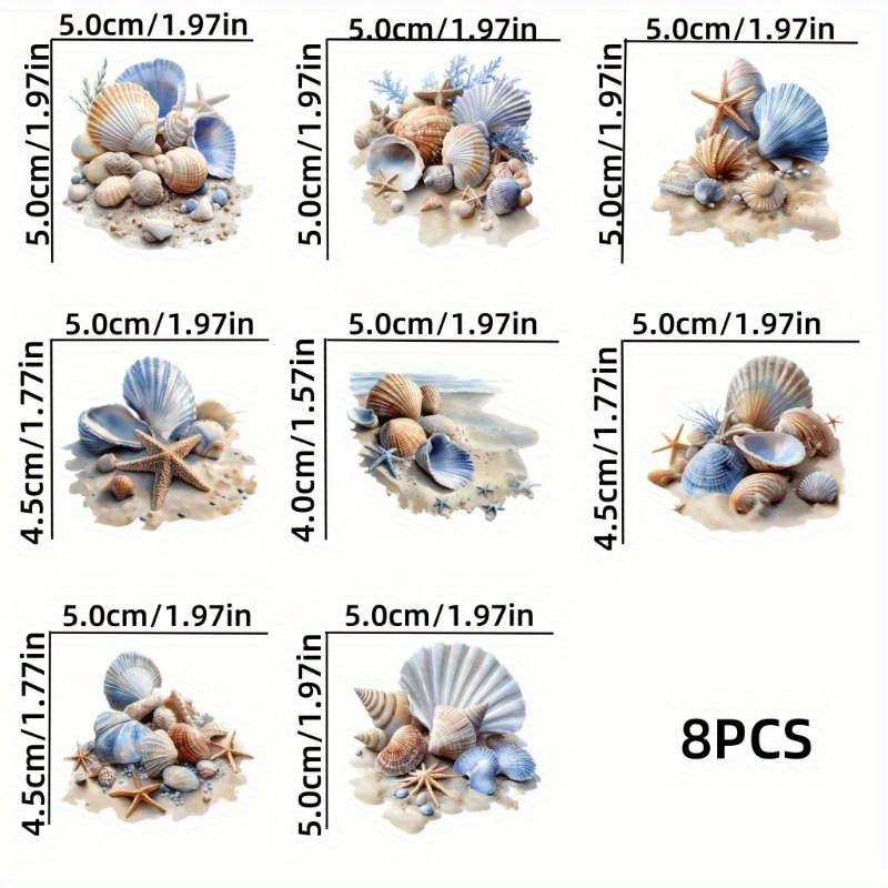 Image of 8pcs Self-adhesive Glossy Sparkling Beach Seashell Stickers Suitable For Laptops, Water Bottles, Luggage - Crystal Vinyl Shell Decals, Irregular Sea Shells In Blue, Golden & Black, Ocean Theme Decor