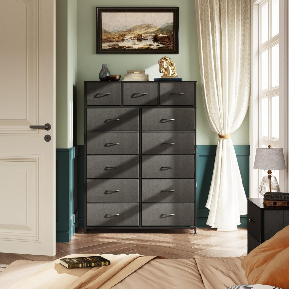 

Tall Dresser For Bedroom With 13 Drawers, Storage Dresser Organizer , Fabric Dresser For Bedroom, Closet, Wood Top, Chest Of Drawers With Fabric Bins,