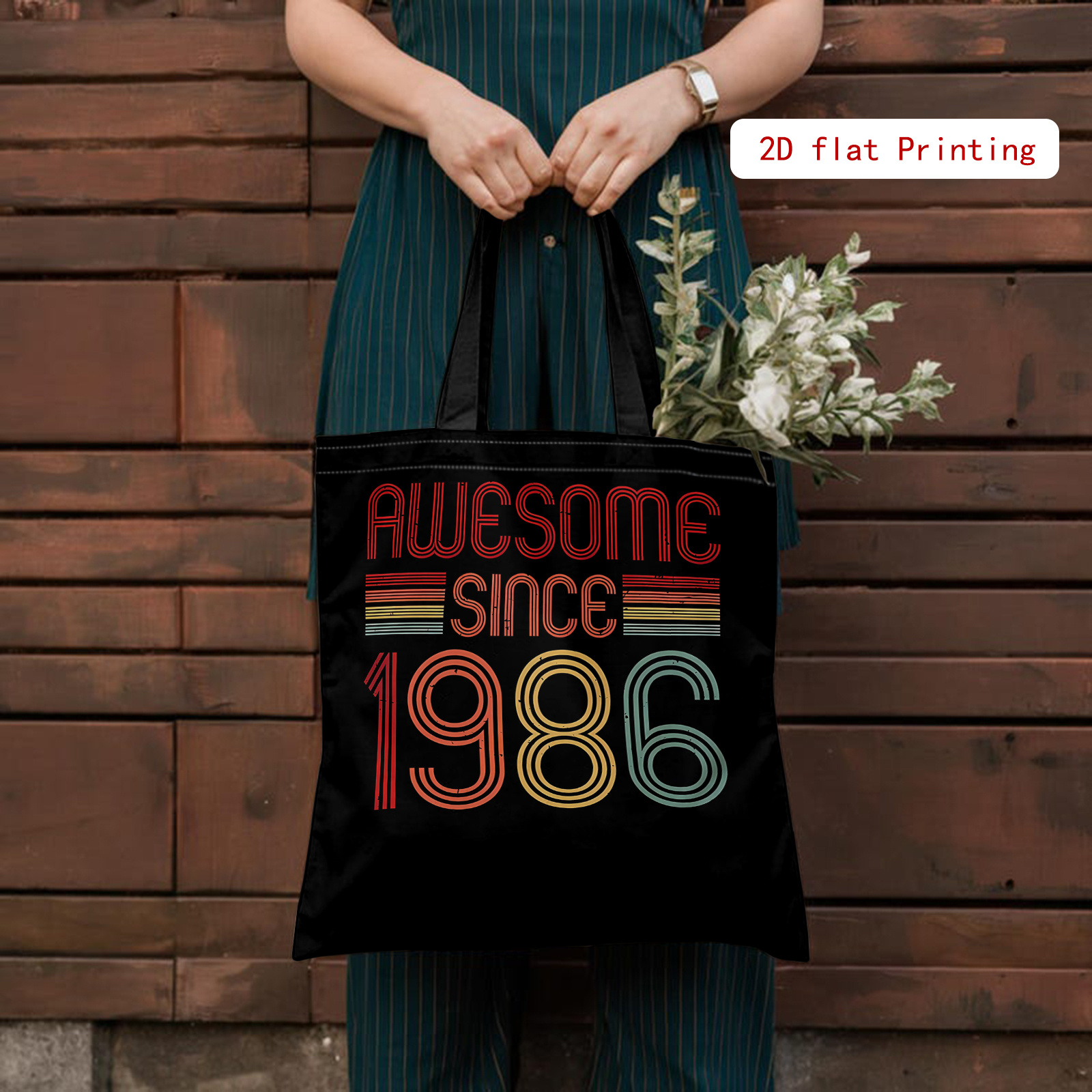 TEMU 2d Printed Shoulder Bag, 1. Vintage Design 2.1986 Theme Pattern Printed Shoulder Bag, Fashionable And Minimalist Shopping Bag, Women's Casual