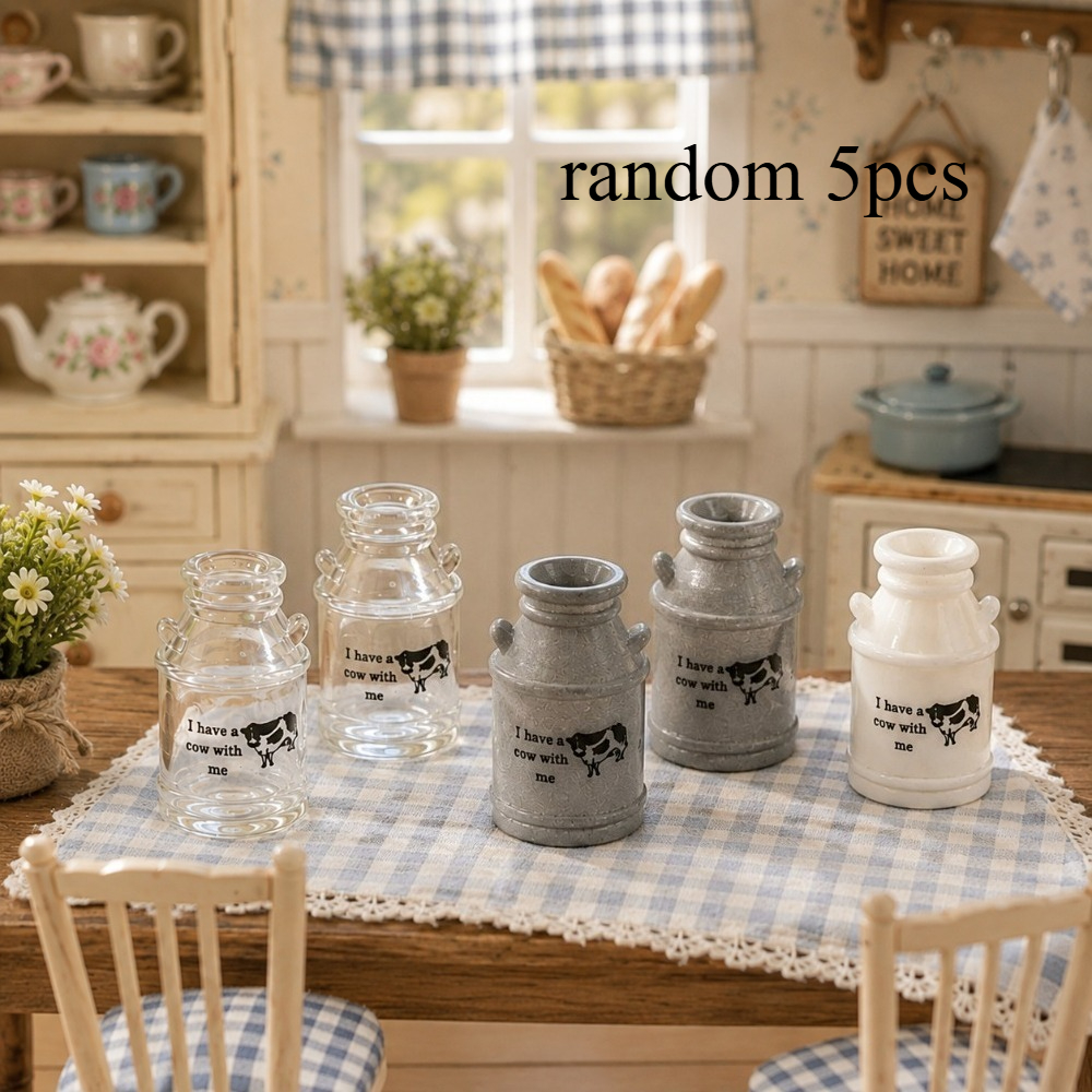 TEMU 5pcs Random Retro Mini Milk Bottle Ornament Set, Vintage Miniature Milk Jars With Cow Print Pattern, Multicolor Diorama Scene Accessories For