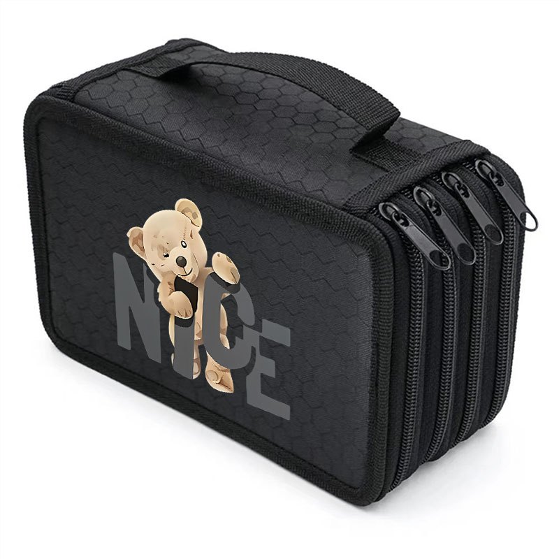 TEMU Portable Cute Bear Printed Large Capacity 4 Layer Pen Case Multi Compartment Stationery Storage Organizer Pencil Bag With Handle 1pc