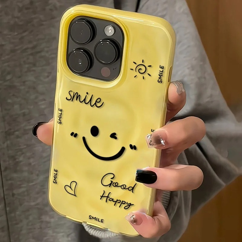 TEMU Funny Cartoon Smile Design Phone Case For Iphone 16 15 14 Plus Pro Max 17 Air Colorful Folds Texture Shockproof Soft Tpu Cover