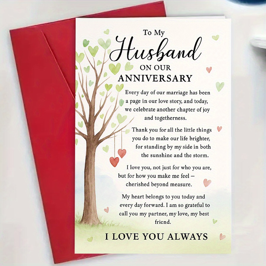 TEMU 1pc Carte d'Anniversaire pour Mari avec Message Touchant - Design Arbre de Mariage & Cœurs en Style Enveloppe, Texte "À " et "Je t'Aime