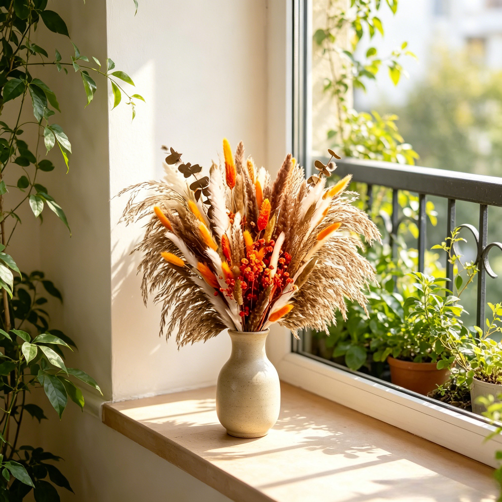 Decorative Bouquet - 117pcs Natural Pampas Grass With Baby's Breath & Eucalyptus Stems, Vibrant Orange Bouquet For Vase Display, Party & Wedding Centerpieces, Home Decor, , Seasonal Arrangement