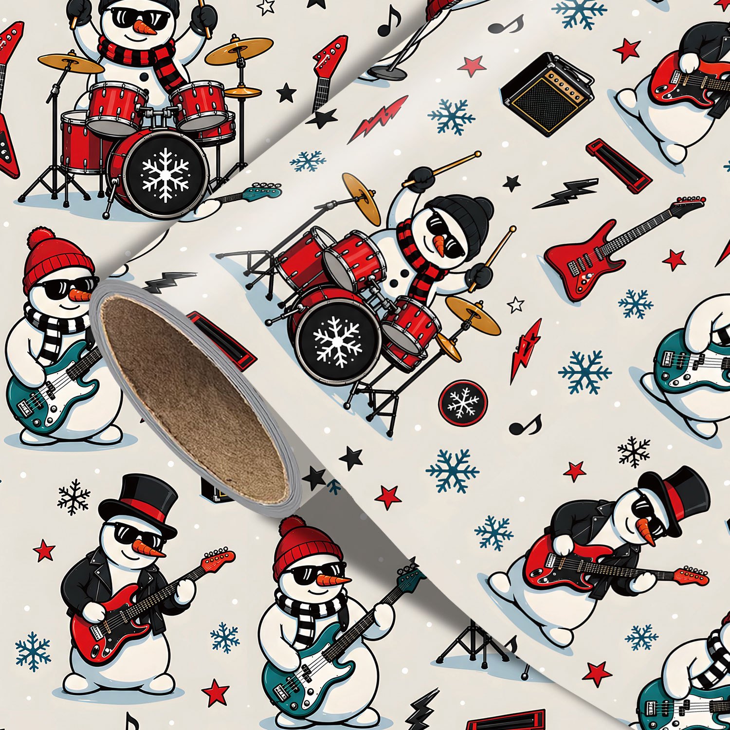 TEMU Rouleau de Noël de neige Rock - 17.7 X 118 pouces, Papier d'emballage cadeau de Noël amusant avec des musiciens de neige, guitares, batterie,
