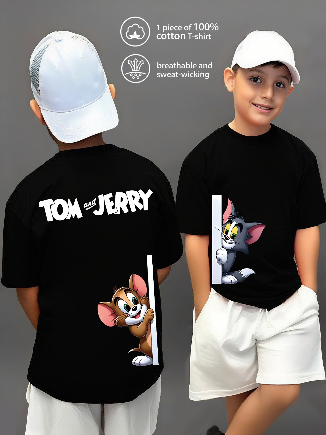 100% Pure Knitted Short-Sleeve T-Shirt, Breathable And Sweat-Absorbing, a Casual And Versatile Round-Neck Short-Sleeve Top for Boys, Featuring a Cute TOM And JERRY Cartoon Print, Machine Washable - Available in 10 Options, Sweat-Resistant