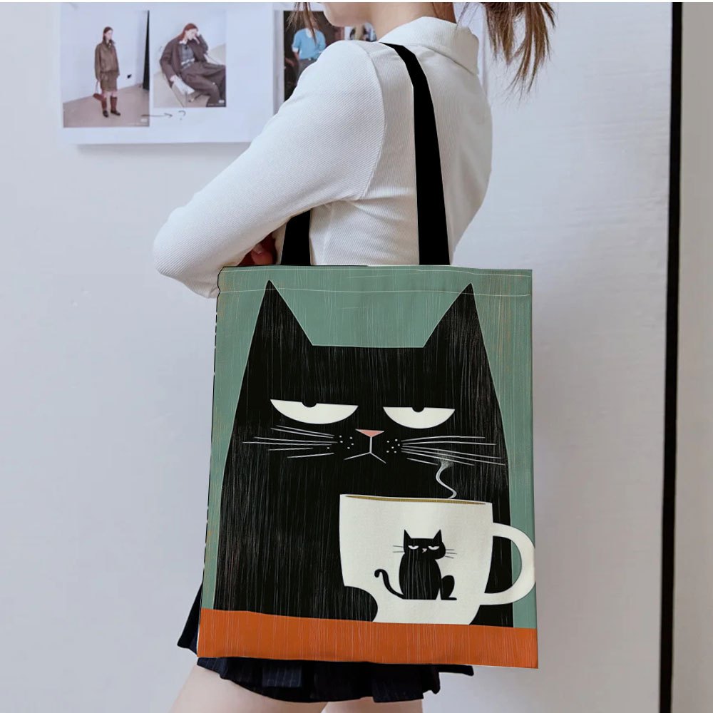TEMU 1pc Double-sided Printing Coffee & Cat Digital High Definition Printed Fashion Shopping Bags, Halloween, Christmas Tote Bags - Reusable Shopping