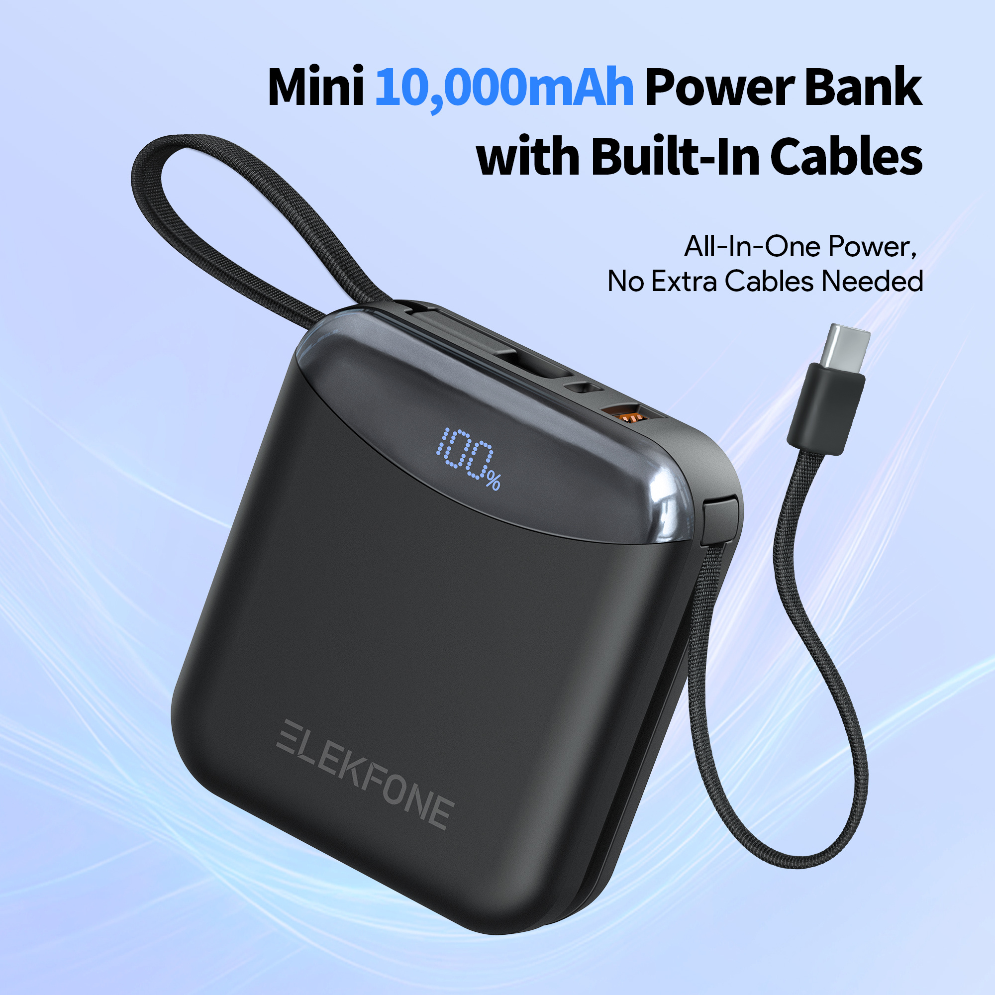 TEMU 10000mah Mini Power Bank Portable Charger With Built-in Usb-c Cable, 22.5w Fast Charging Led Digital Display Battery Pack, Slim Lightweight 179g