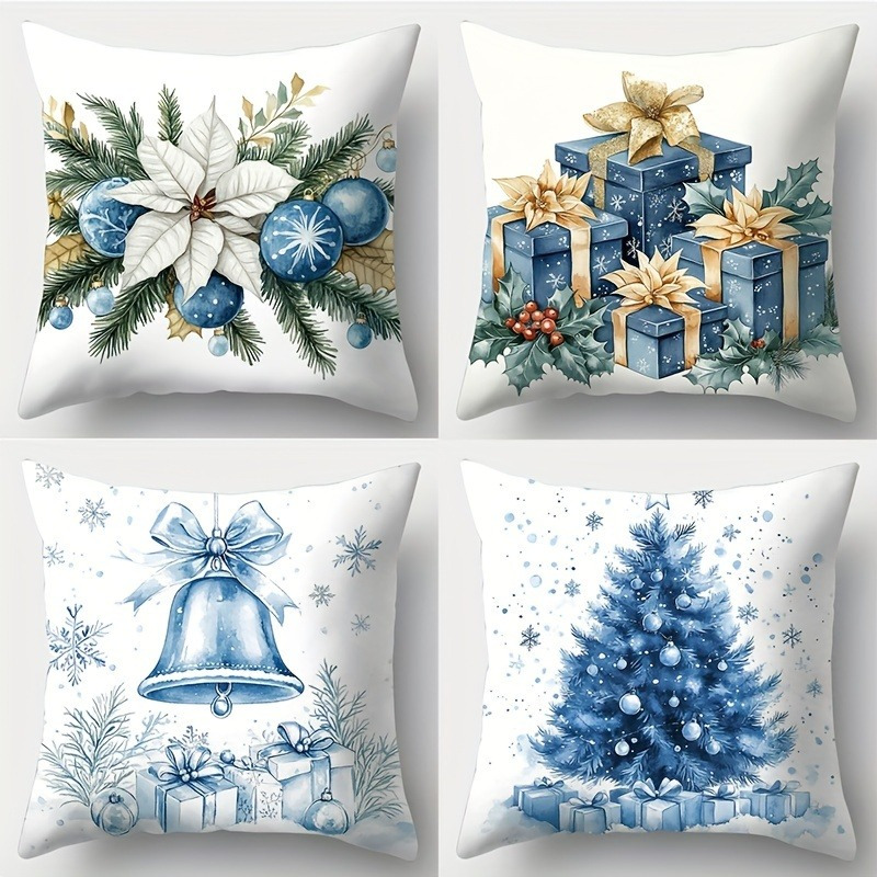 

Set Of 4 Christmas Pillowcases - & , Zippered, Polyester - For & Sofa Decor, 17.2 X 17.2