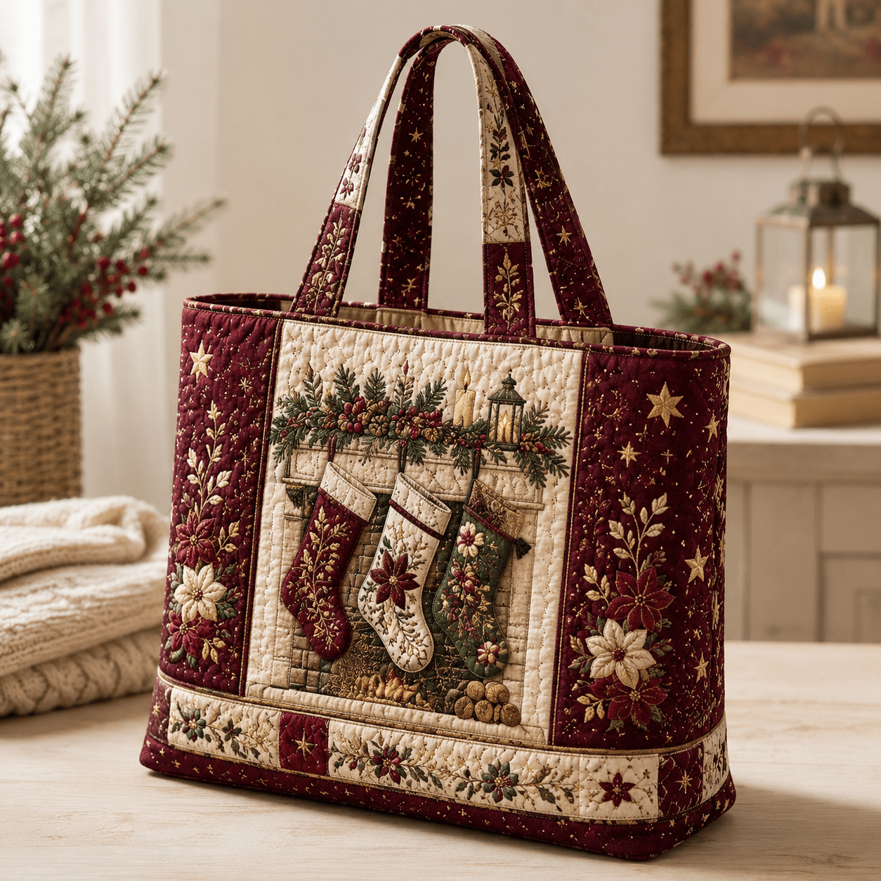 Image of 17 X 15 Inch Quilted Tote Bag For Women Featuring Christmas Stockings And Fireplace Embroidery, Burgundy Holiday Quilted Design, Soft Handheld Bag With Large Capacity For School, Work, And