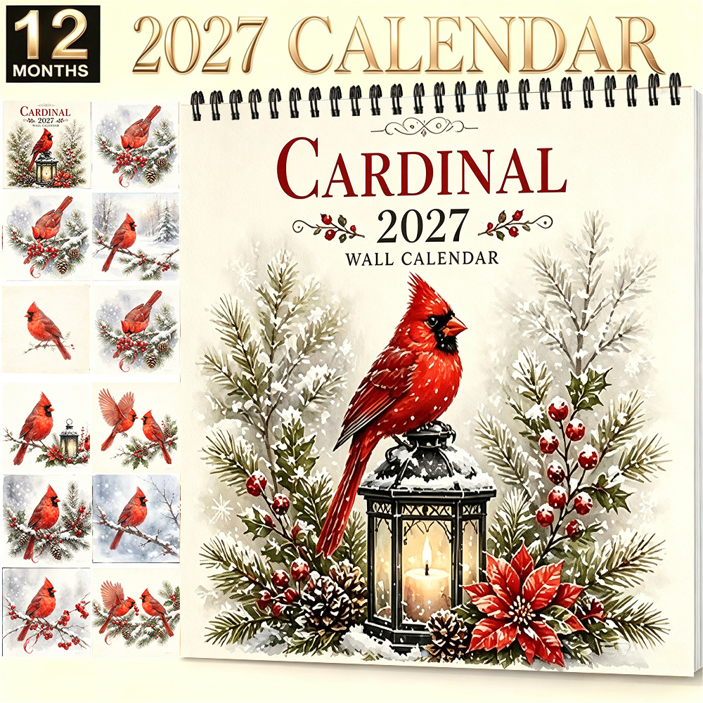 TEMU 2027 Wall Calendar 8.3 X 8.3 Inches Watercolor Red Bird Winter Decor Wall Calendar Suitable For Christmas New Year Halloween Back To School Gift