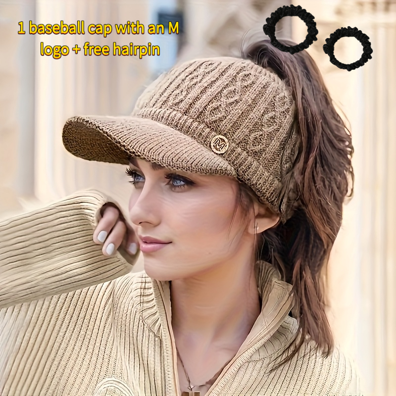 TEMU 3pcs, 1pc M Letter Baseball And 2pcs Hair Scrunchies Gift, Winter Bun With Ear Flap, Thickened Elastic , Featherless, Hand Washable Polyester