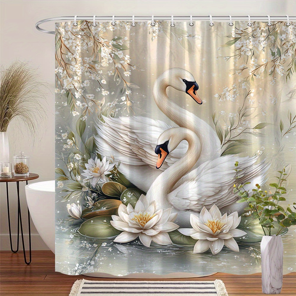 TEMU 1pc Elegant White & Water Lilies Shower Curtain - With , Blooming Lilies & Greenery, 70x70 Inch, 12 Hooks Included, Machine Washable Polyester