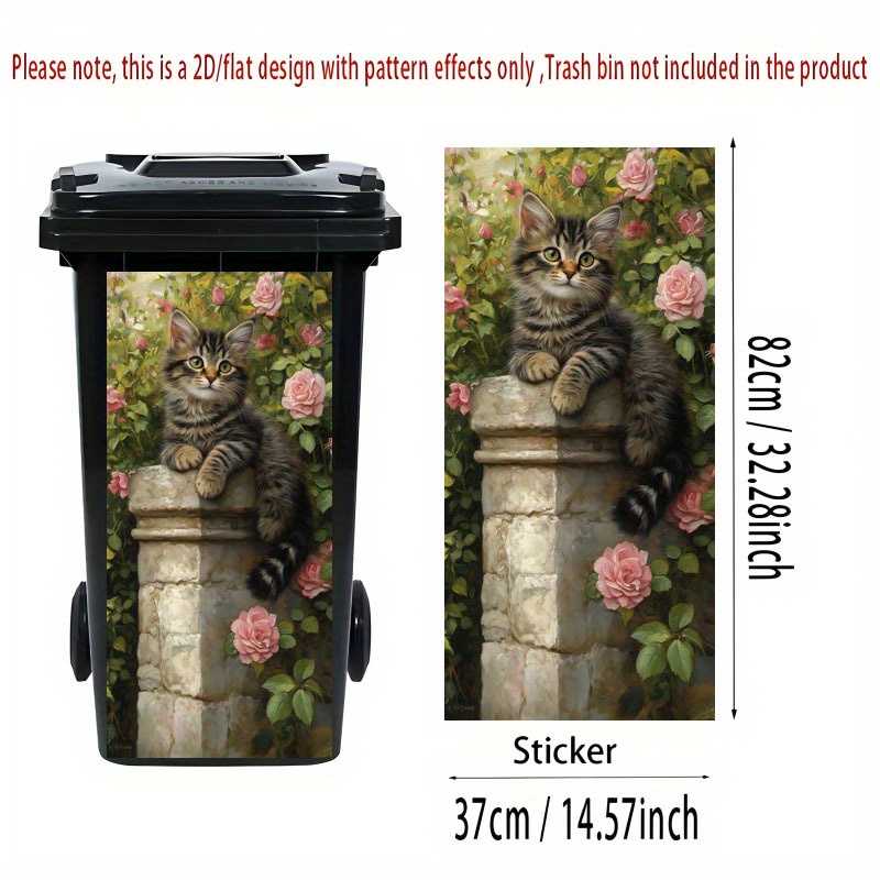 2d Flat Printing 1pc Trash Can Sticker 37×82cm Decorative Garden Cat Theme Design Self-adhesive Wallpaper Suitable For Kitchen Bin, Wall Decoration, 2d Flat