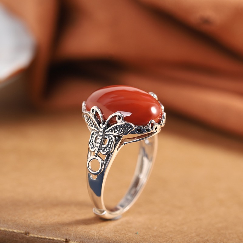 TEMU New Fashionable Chinese Style Jewelry Inlaid With Southern Design, Retro Vintage Handmade, Open End Ring, Finger Ring