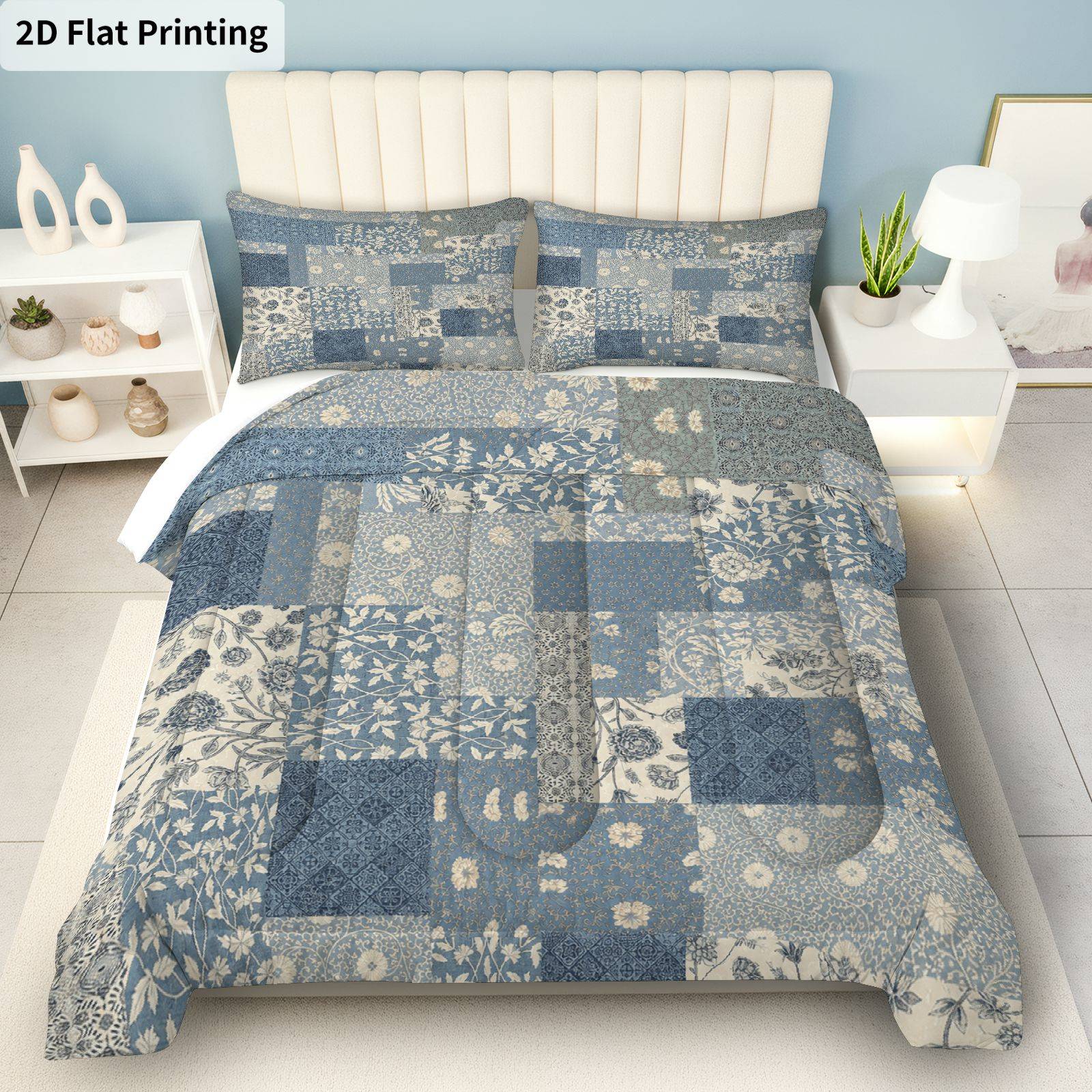 Set trapunta patchwork floreale blu 2D piatto da 3 pezzi, 280 g/m² trapuntato morbido e traspirante con stampa digitale/biancheria da letto in fibra sintetica (1 trapunta + 2 federe senza imbottitura) per camera da letto, dormitorio, casa, lavabile in lavatrice, 2D piatto