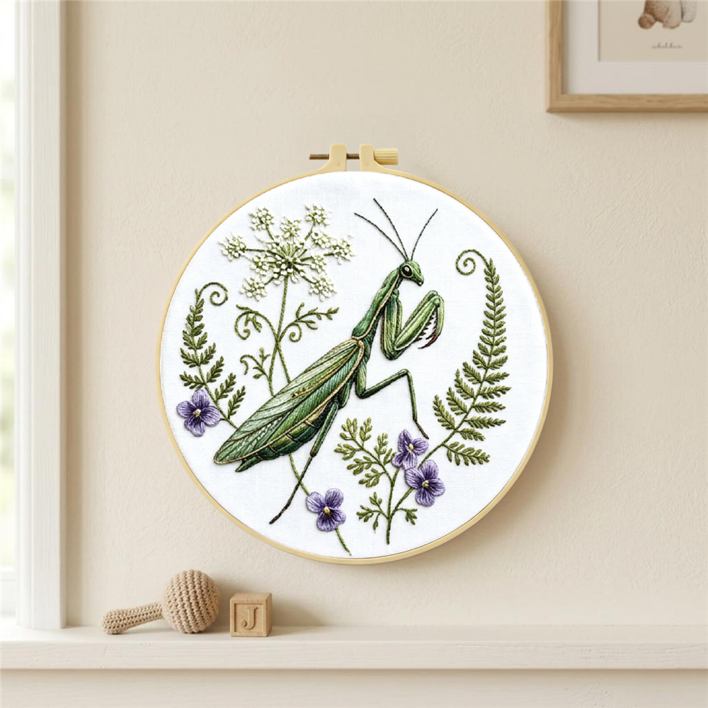 Mantis Insect Grass Pattern Handmade Embroidery Kit