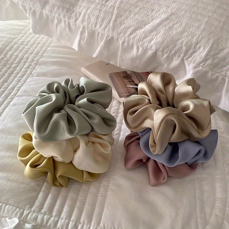 

6-pack Satin Scrunchies Set - Vintage Minimalist Solid Color High Elasticity Large Hair Ties, Ropes For Head, Fabric Accessories