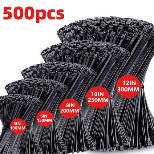 500 pack self locking cable ties adjustable self locking waterproof anti slip scratch bend resistant for indoor and outdoor home office gardening and outdoor cables durable nylon zip ties in sizes 300mm 250mm 200mm 150mm 100m