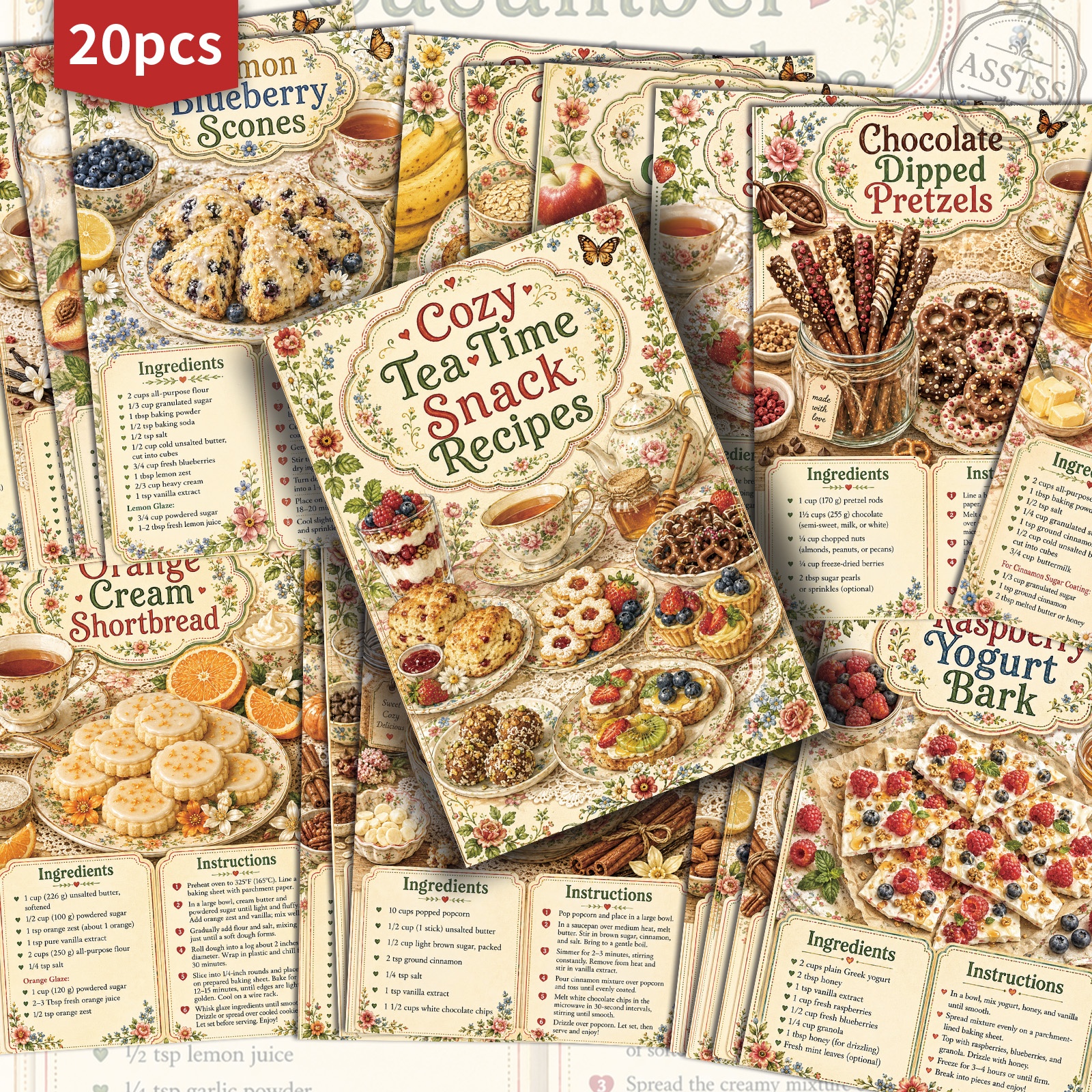 TEMU 20-pack Asstss Vintage Afternoon Tea Recipe Postcards - 4x6 Inches Retro Junk Journal Supplies, Classic Pinup Illustrations Collectible