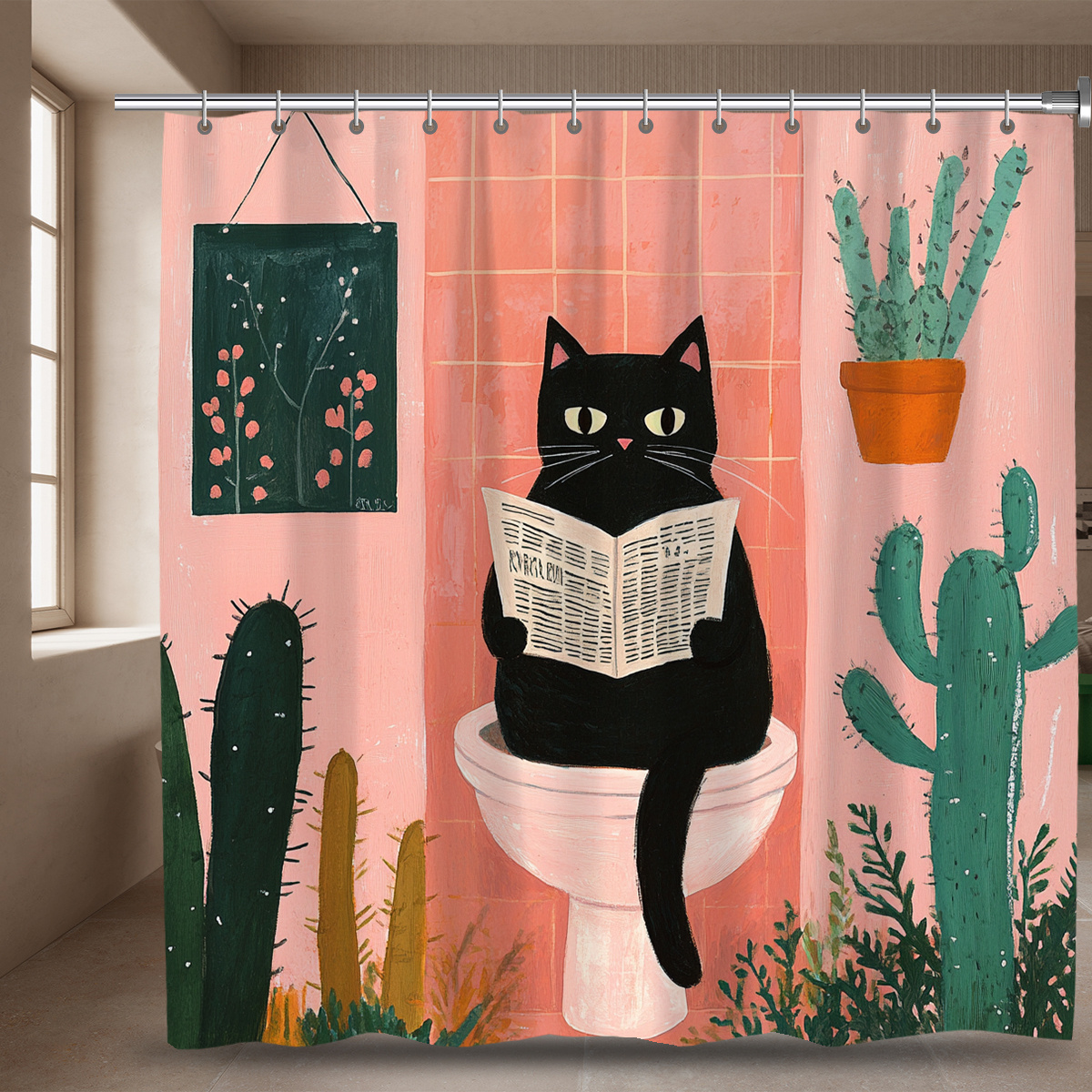 

1pc Whimsycat Waterproof Polyester Shower Curtain, Machine Washable, Stain Resistant, With Hooks, Bathroom Decor, Flat Painting, Digital Printed, Toilet, Woven