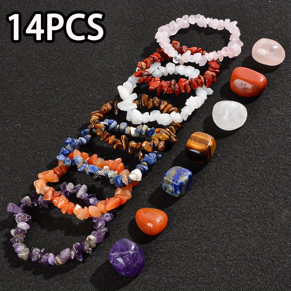 E-shop 14-teiliges Armband-Set aus natürlichem und Natursteinbrocken - Mehrfarbiger, getönter Kies, elastisches, farbiges Strand-Schmuck-Set,