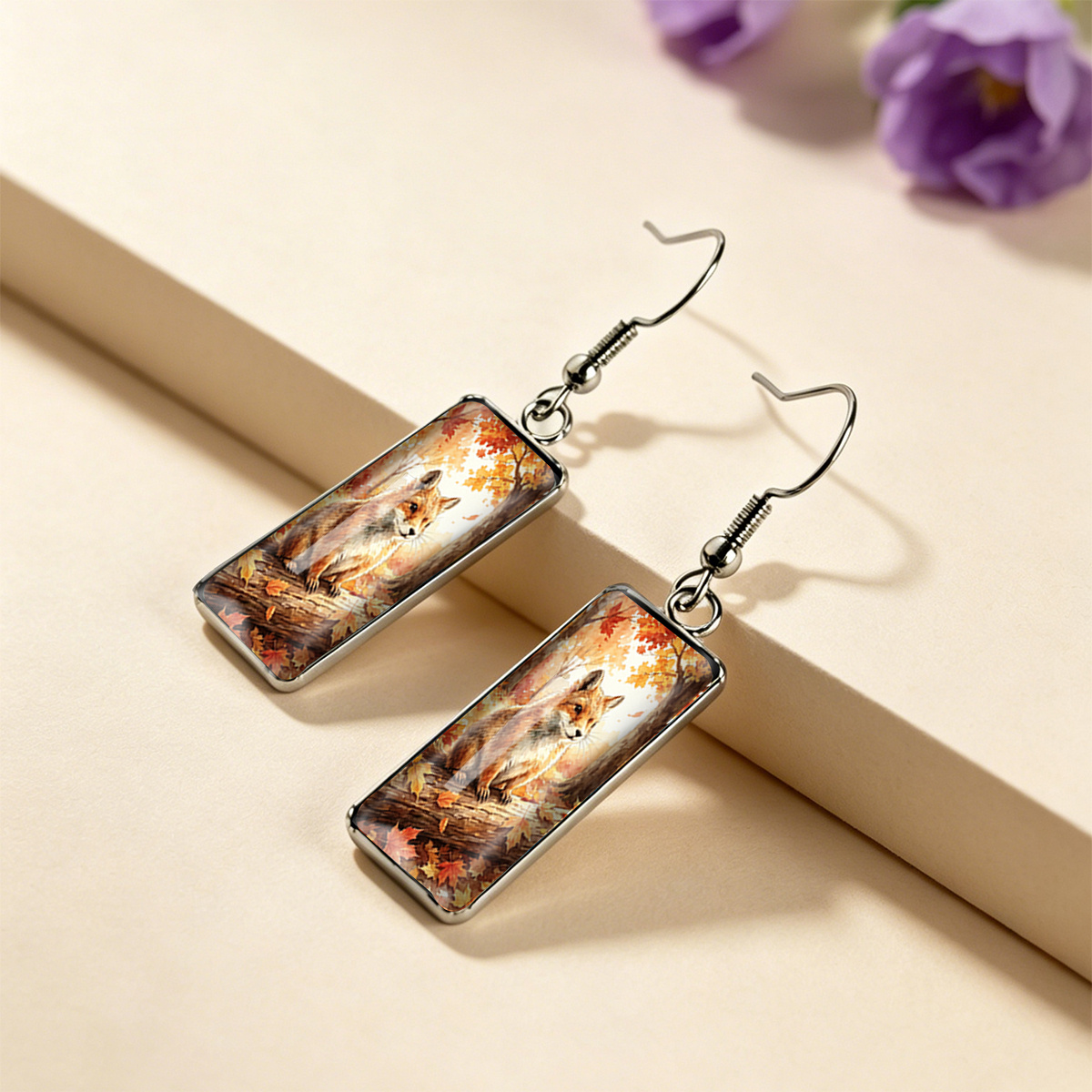 Red Fox Crouching Rectangular Earrings, Stainless Steel