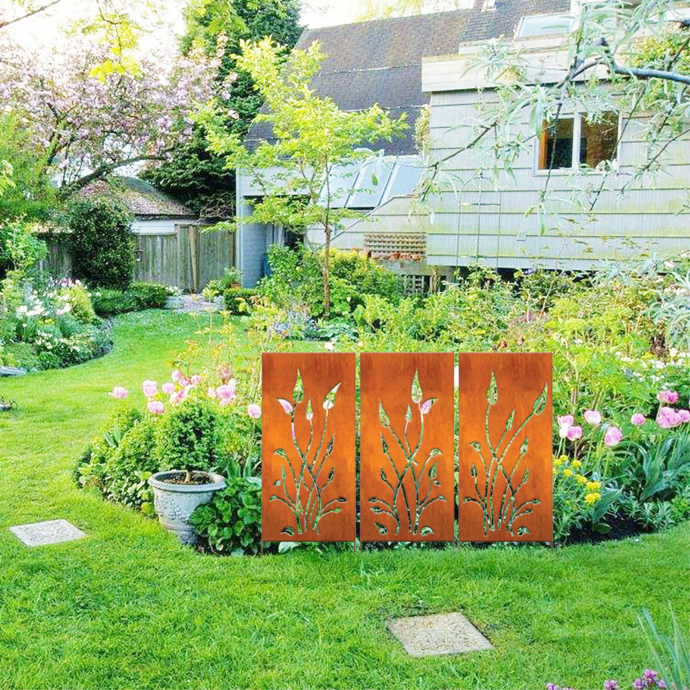 Outdoor Privacy Screen (3pcs Set), Outdoor Metal Wall Decoration, Large Metal Wall Sculpture, Wrought Iron Wall Art, Metal Garden Flowers