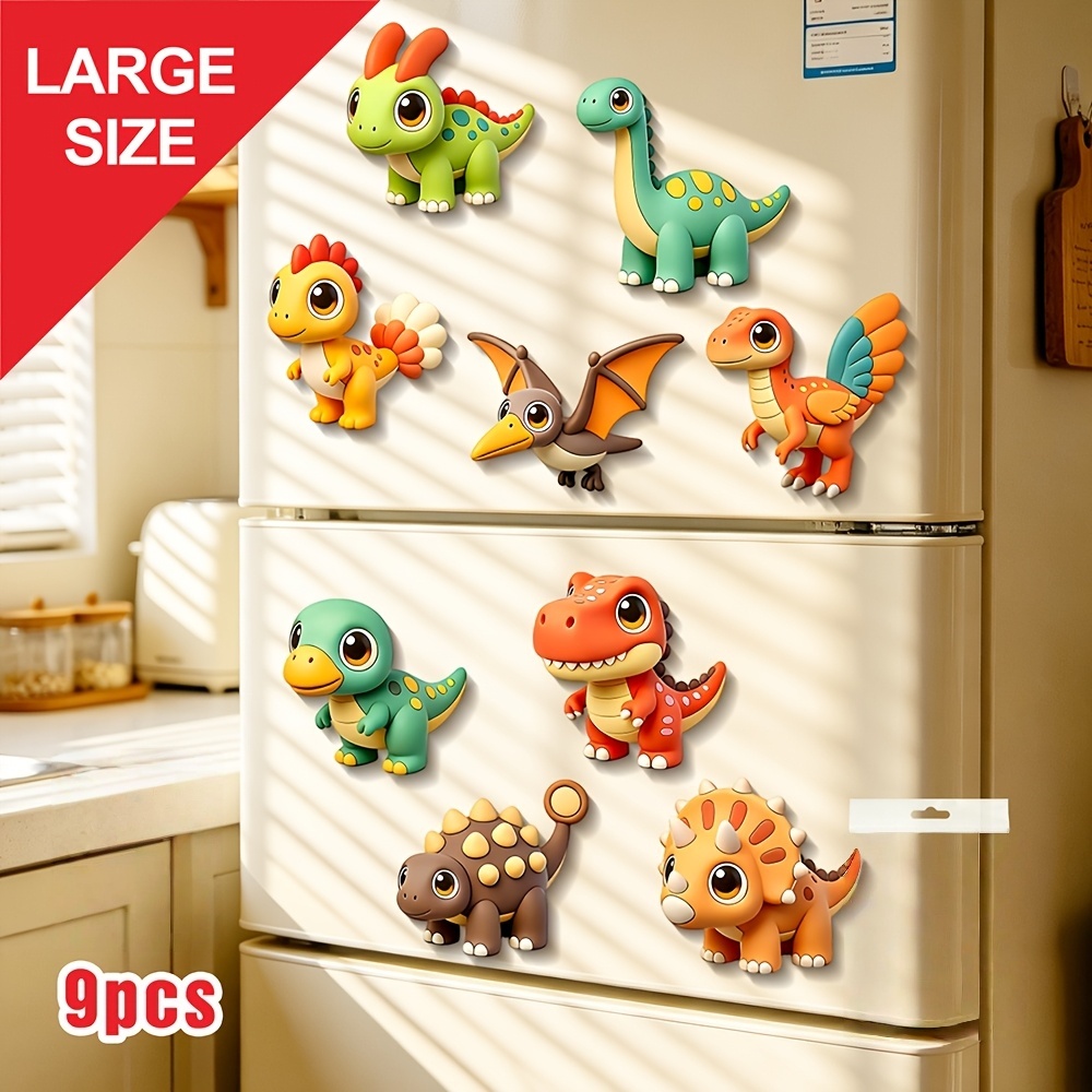 TEMU 9pcs Large Size Thick Material Acrylic Refrigerator Magnets Decoration, With Cute And Realistic Cartoon Dinosaurs, 2d Flat Kitchen Refrigerator