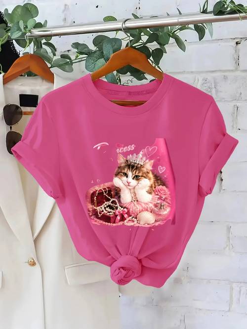 foto e artikullit 1 copë bluzë për femra me printim princeshe mace kurorë bizhuteri, bluze me mëngë të shkurtra pranverë verë, top i modës i gjithanshëm rastësor, dhuratë e përsosur për festa