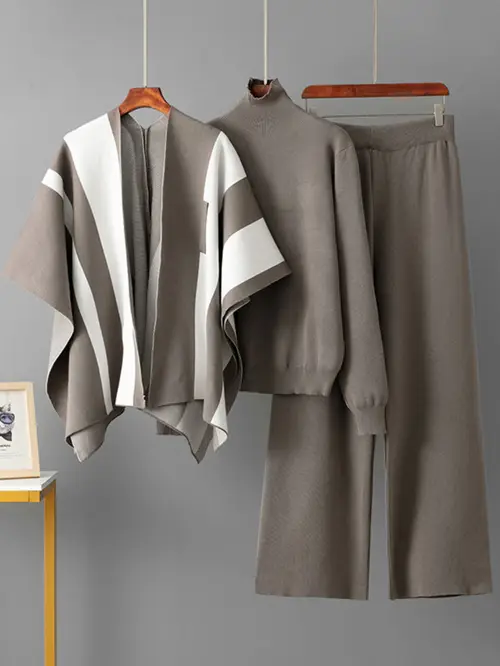 womens 3pcs french suit set beige brown striped sweater wide leg pants shawl jacket like outerwear soft fabric loose fit tunic pants hand washable minimalist a line silhouette for fall winter chic french inspired ensemble no buttons elastic waist neutral tones minimalist stripes shawl pants for layering elegant suits for women trouser suits for women