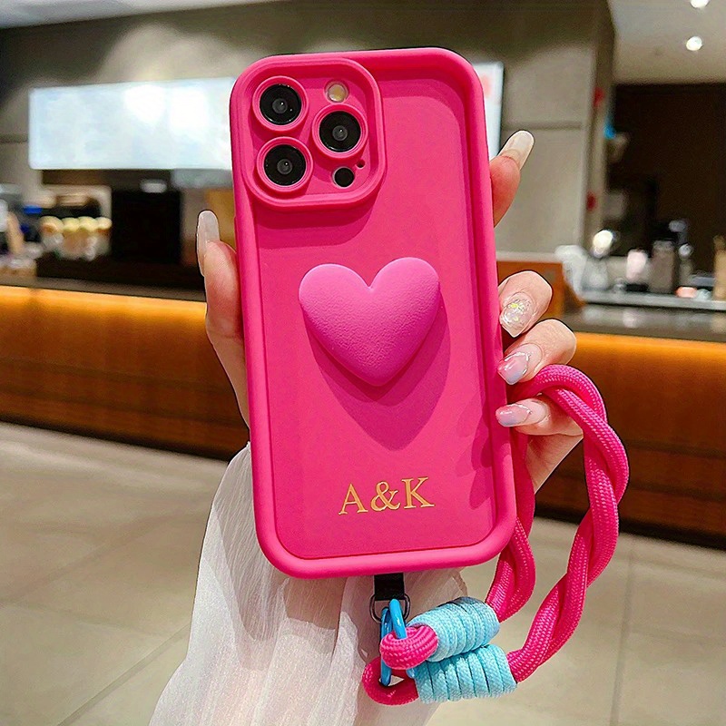 TEMU Custom 3d Love Heart Matte Soft Lanyard Rope Case With Personalized Name Initials For Iphone 16, 15, 14, 13, 12, 11 Pro , Featuring Diy Engraved