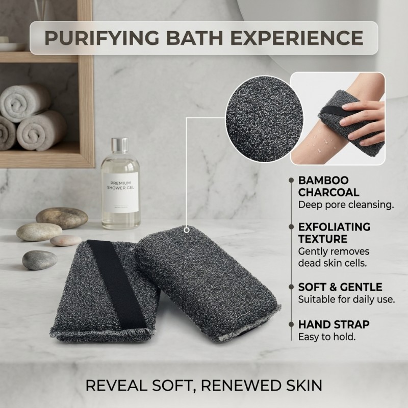 Bamboo Charcoal Bath Sponge, Exfoliating Body Scrub