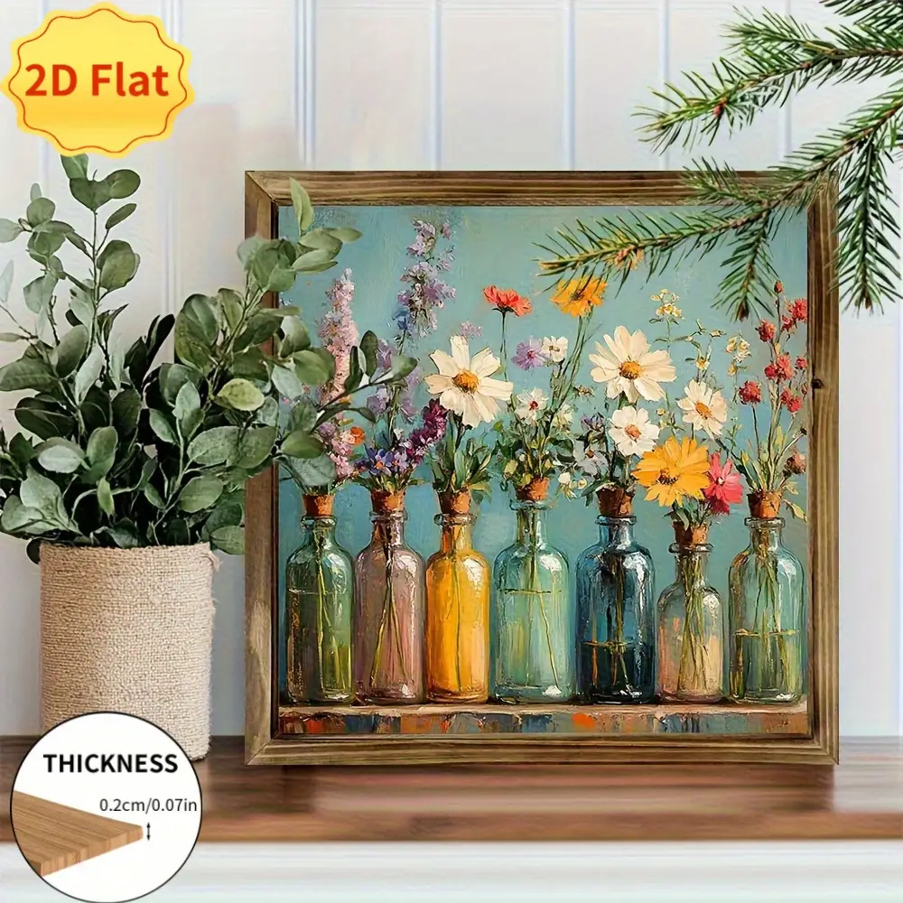 2D Flat, A 2D Flat-printed Wooden 1pc Rustic Wooden Floral Art Sign - Wall Hanging Decoration Featuring Vibrant Spring Flowers and Green Leaves, No Electricity Required, Ideal for Outdoor Decor, Rustic Themes, and New Year Gifts, Outdoor Wall Decor |